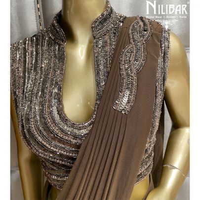 Brown Lycra and Net Draped Saree