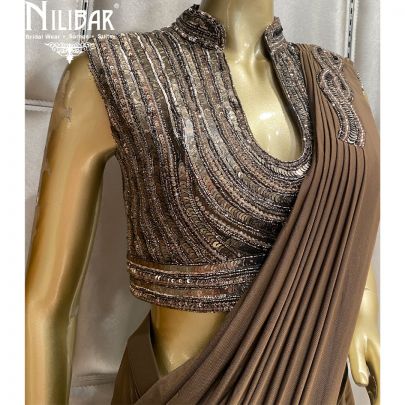 Brown Lycra and Net Draped Saree