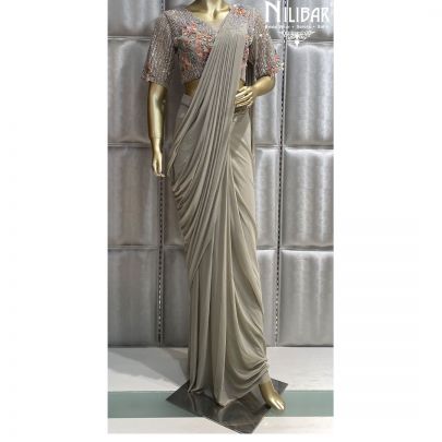 Gray Lycra and Net Draped Saree