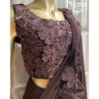 Coffee Lycra and Net Draped Saree
