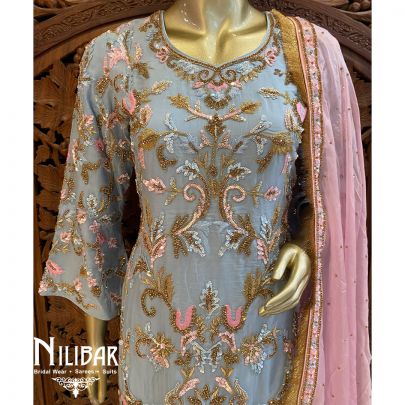 Blue And Pink Crepe Organza Suit