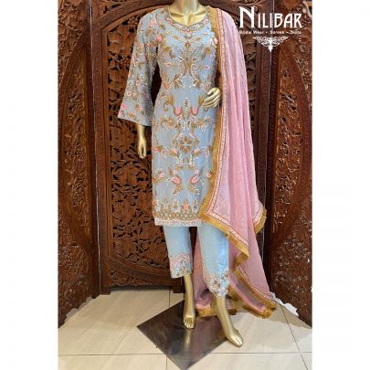 Blue And Pink Crepe Organza Suit