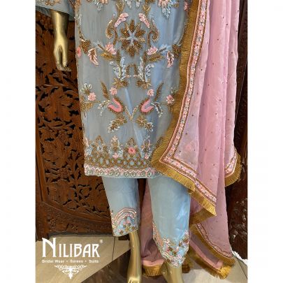Blue And Pink Crepe Organza Suit