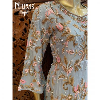 Blue And Pink Crepe Organza Suit