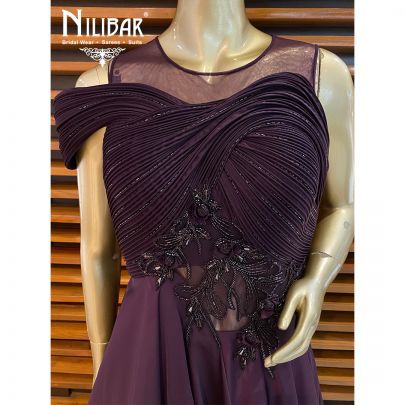 Wine Satin Embroidered Gown