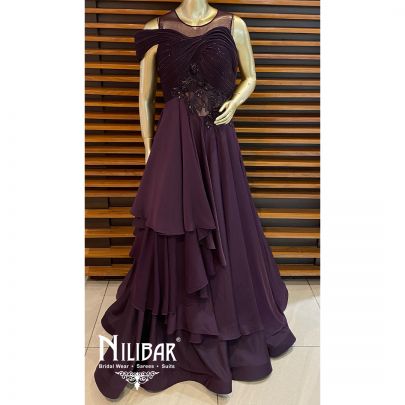 Wine Satin Embroidered Gown