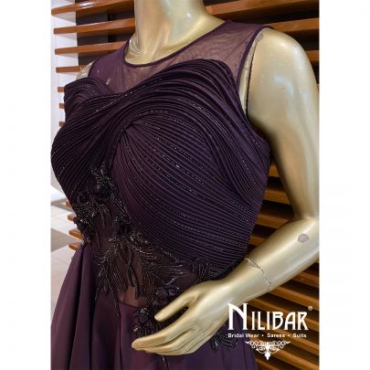 Wine Satin Embroidered Gown