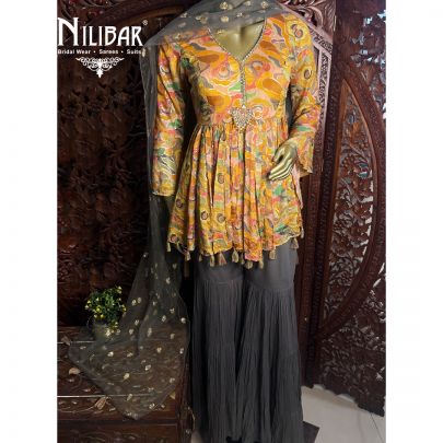 Yellow Grey Chinon Garara Suit
