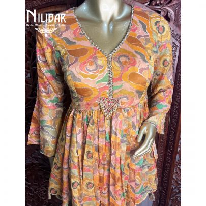 Yellow Grey Chinon Garara Suit