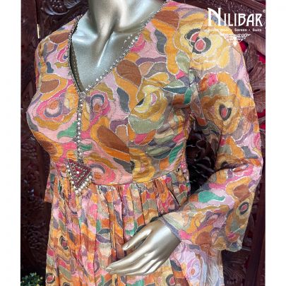 Yellow Grey Chinon Garara Suit