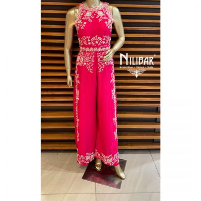 Hot Pink Silk Embroidered Jumpsuit