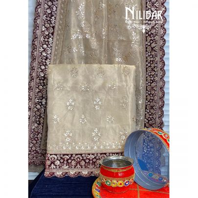 Gold and Mehroon Lame silk Unstitched Suit