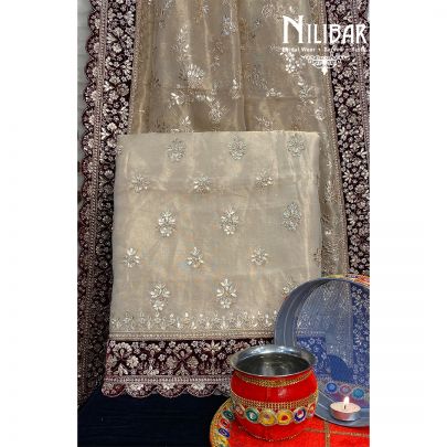Gold and Mehroon Lame silk Unstitched Suit