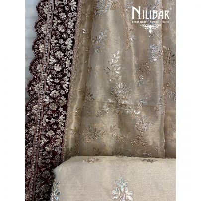 Gold and Mehroon Lame silk Unstitched Suit