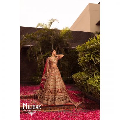 Mehroon and Mint Green Micro Velvet Lehnga.