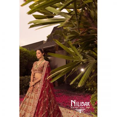 Mehroon and Mint Green Micro Velvet Lehnga.