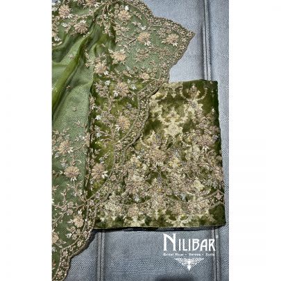 Olive Green Tissue Organza Embroidered Unstitched Suit