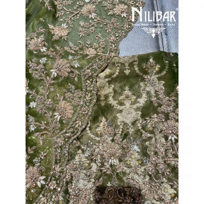 Olive Green Tissue Organza Embroidered Unstitched Suit