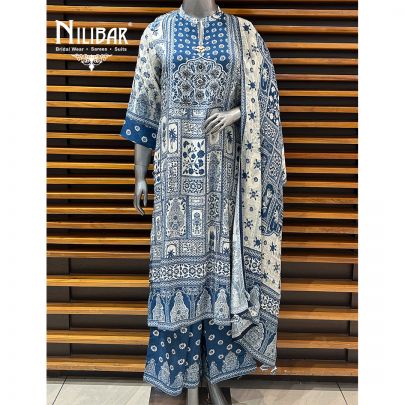 White & Blue Cotton Printed Summer Suit