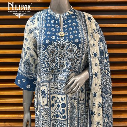 White & Blue Cotton Printed Summer Suit