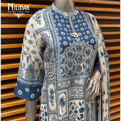 White & Blue Cotton Printed Summer Suit