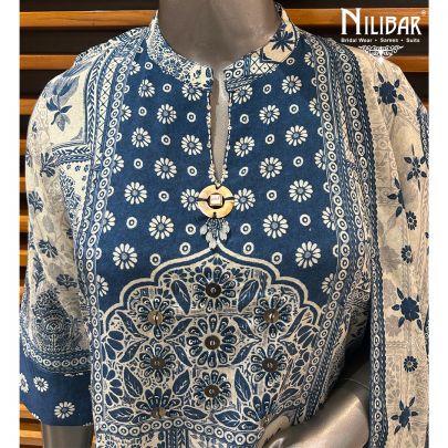 White & Blue Cotton Printed Summer Suit