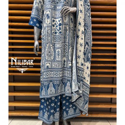 White & Blue Cotton Printed Summer Suit