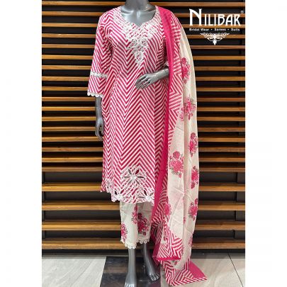 White & Pink Cotton Printed Summer Suit