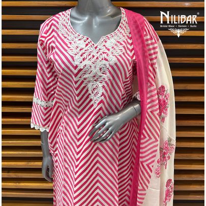 White & Pink Cotton Printed Summer Suit