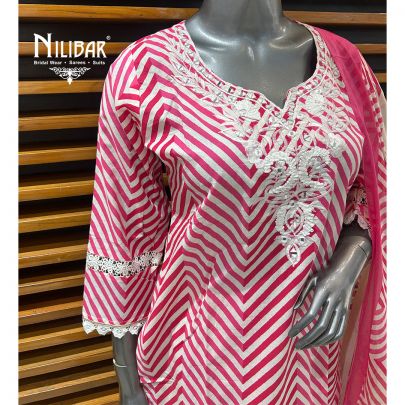 White & Pink Cotton Printed Summer Suit