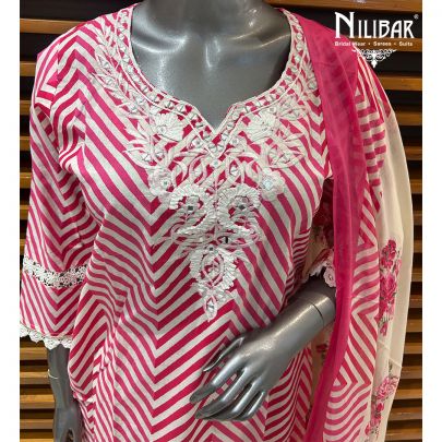 White & Pink Cotton Printed Summer Suit