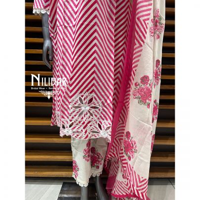 White & Pink Cotton Printed Summer Suit