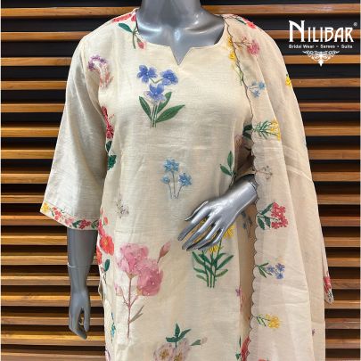 Cream Cotton Printed Summer Suit