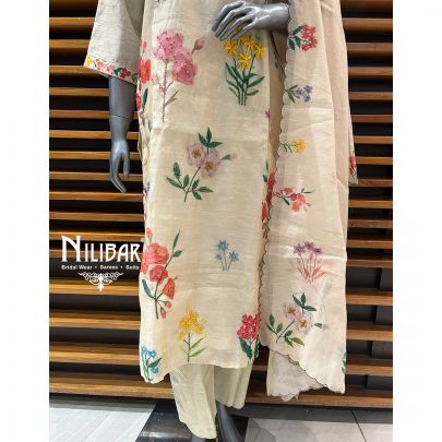 Cream Cotton Printed Summer Suit