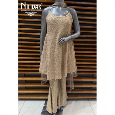 Beige Gold Lame Silk Embroidered Shirt & Bottom Paired With Net Dupatta