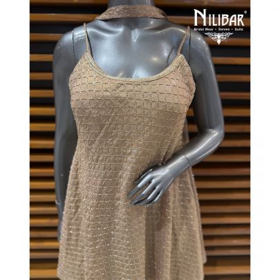 Beige Gold Lame Silk Embroidered Shirt & Bottom Paired With Net Dupatta