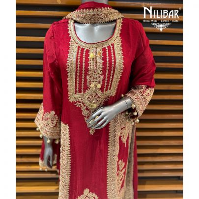 Red Chinnon Embroidered Straight Shirt & Pants Paired With Boarded Dupatta