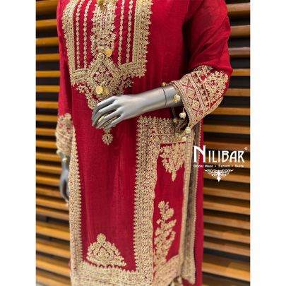 Red Chinnon Embroidered Straight Shirt & Pants Paired With Boarded Dupatta