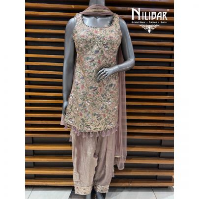 Onion Pink Crush Tissue Embroidered Shirt & Farshi Salwar Paired With Net Dupatta