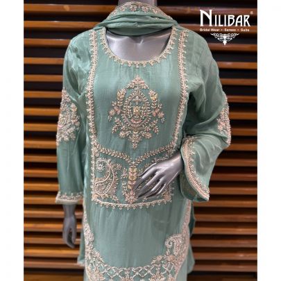 Tarquoise Chinnon Embroidered Shirt & Loose Jaffa Paired With Dupatta