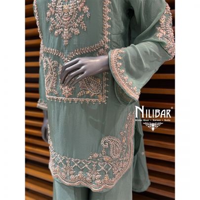 Tarquoise Chinnon Embroidered Shirt & Loose Jaffa Paired With Dupatta