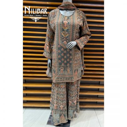 Charcoal Grey Printed Shirt & Bottom Paired With Matching Printed Dupatta