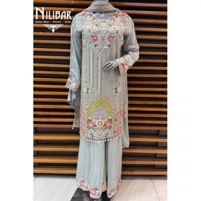 Ice Blue Chinnon Mid Length Shirt & Flowy Bottom Paired With Dupatta