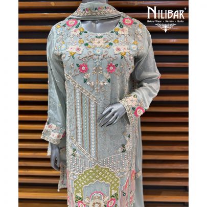 Ice Blue Chinnon Mid Length Shirt & Flowy Bottom Paired With Dupatta