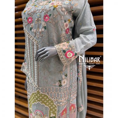 Ice Blue Chinnon Mid Length Shirt & Flowy Bottom Paired With Dupatta