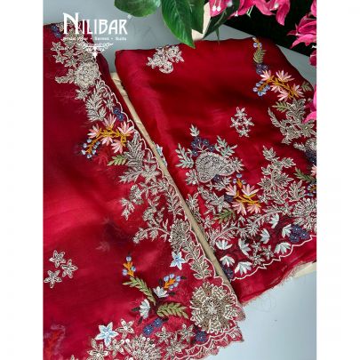 Red Organza Unstitched Suit