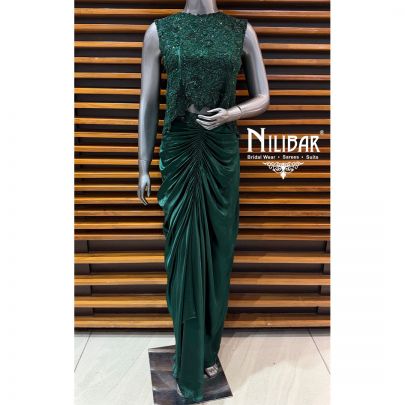 Bottle Green Satin Short Top Paired With Silk Pleated Skirt