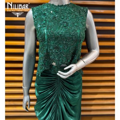 Bottle Green Satin Short Top Paired With Silk Pleated Skirt