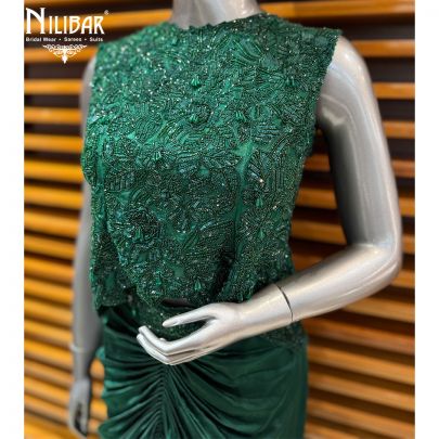Bottle Green Satin Short Top Paired With Silk Pleated Skirt