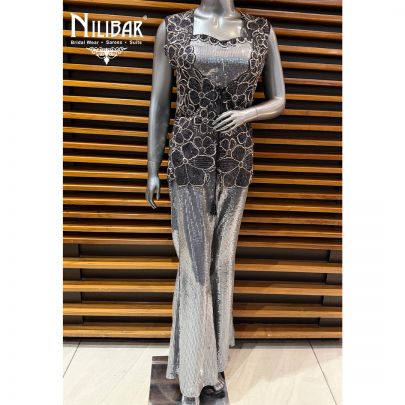 Silver Silk Crop Top Paired With Net Shrug & Pants